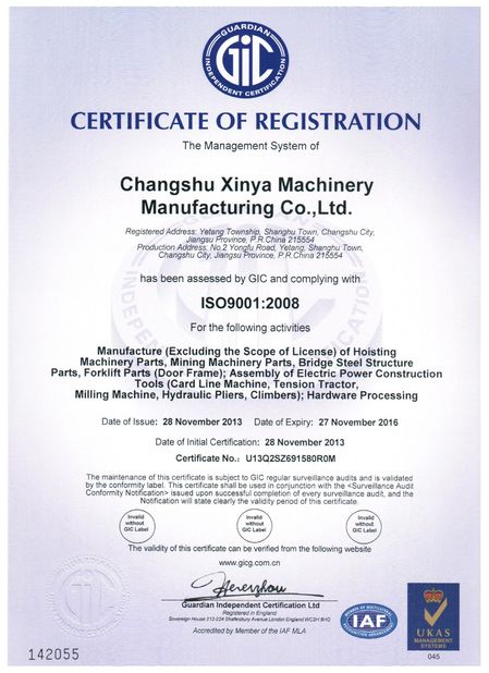 چین Changshu Xinya Machinery Manufacturing Co., Ltd. گواهینامه ها